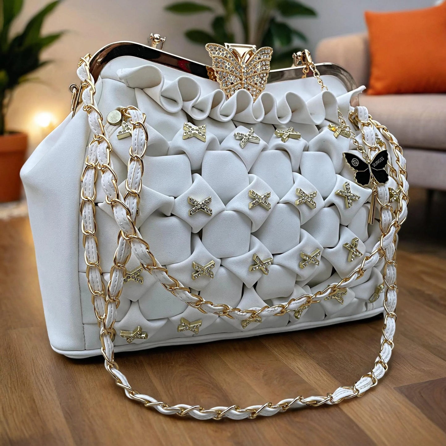 Slingss Luxury Range Big Size White Embroidered Partywear Bag For Ladies