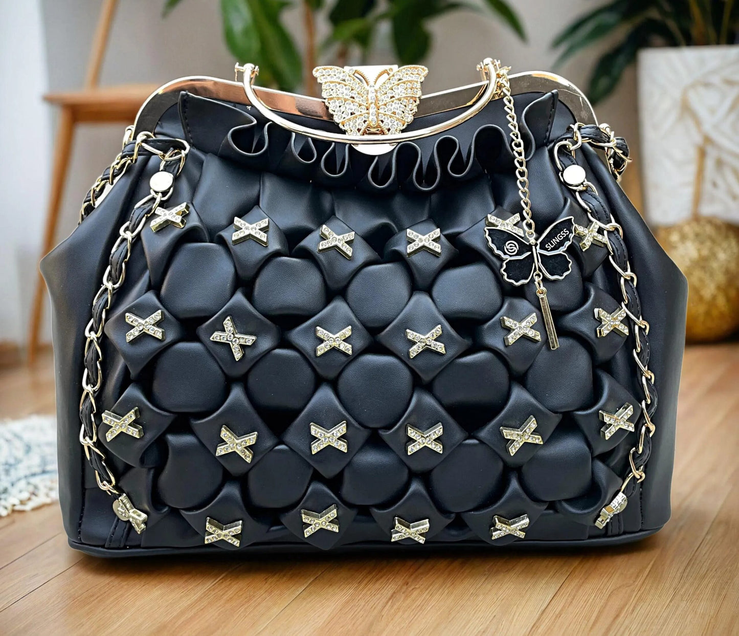 Slingss Luxury Range Big Size Black Embroidered Partywear Bag For Ladies