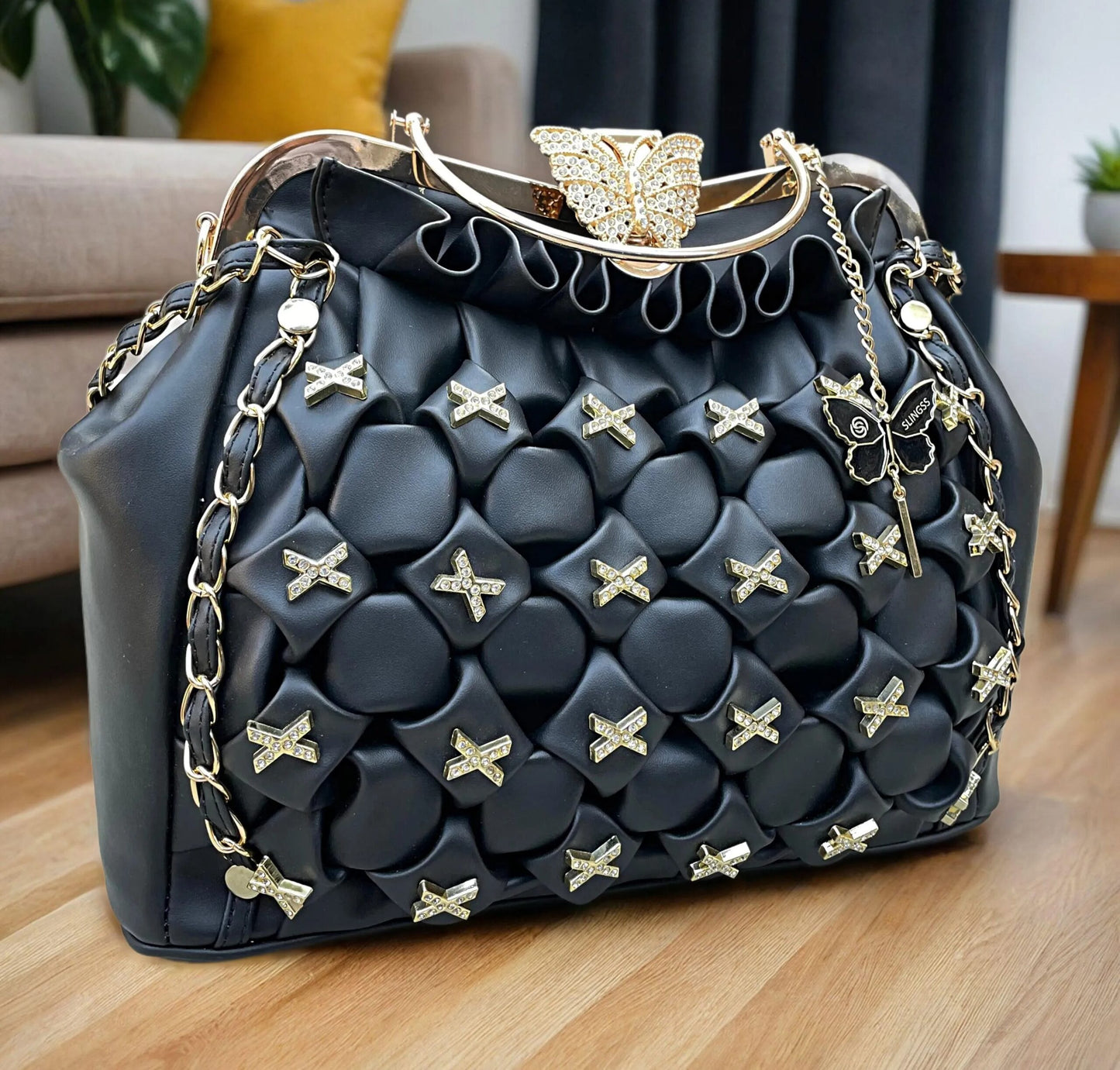 Slingss Luxury Range Big Size Black Embroidered Partywear Bag For Ladies