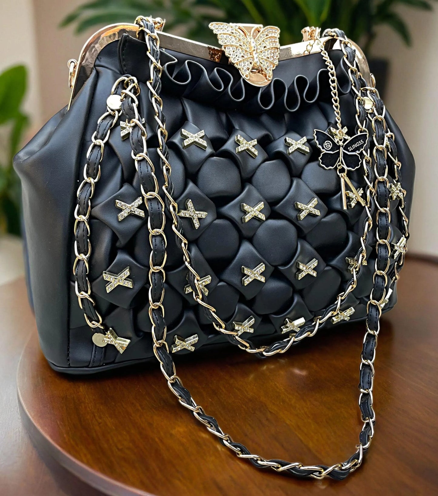 Slingss Luxury Range Big Size Black Embroidered Partywear Bag For Ladies