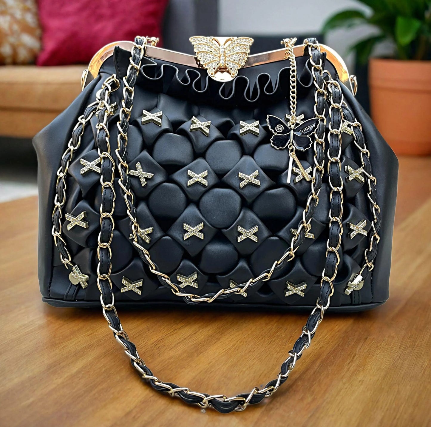 Slingss Luxury Range Big Size Black Embroidered Partywear Bag For Ladies