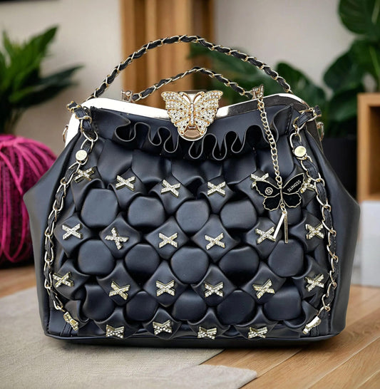 Slingss Luxury Range Big Size Black Embroidered Partywear Bag For Ladies