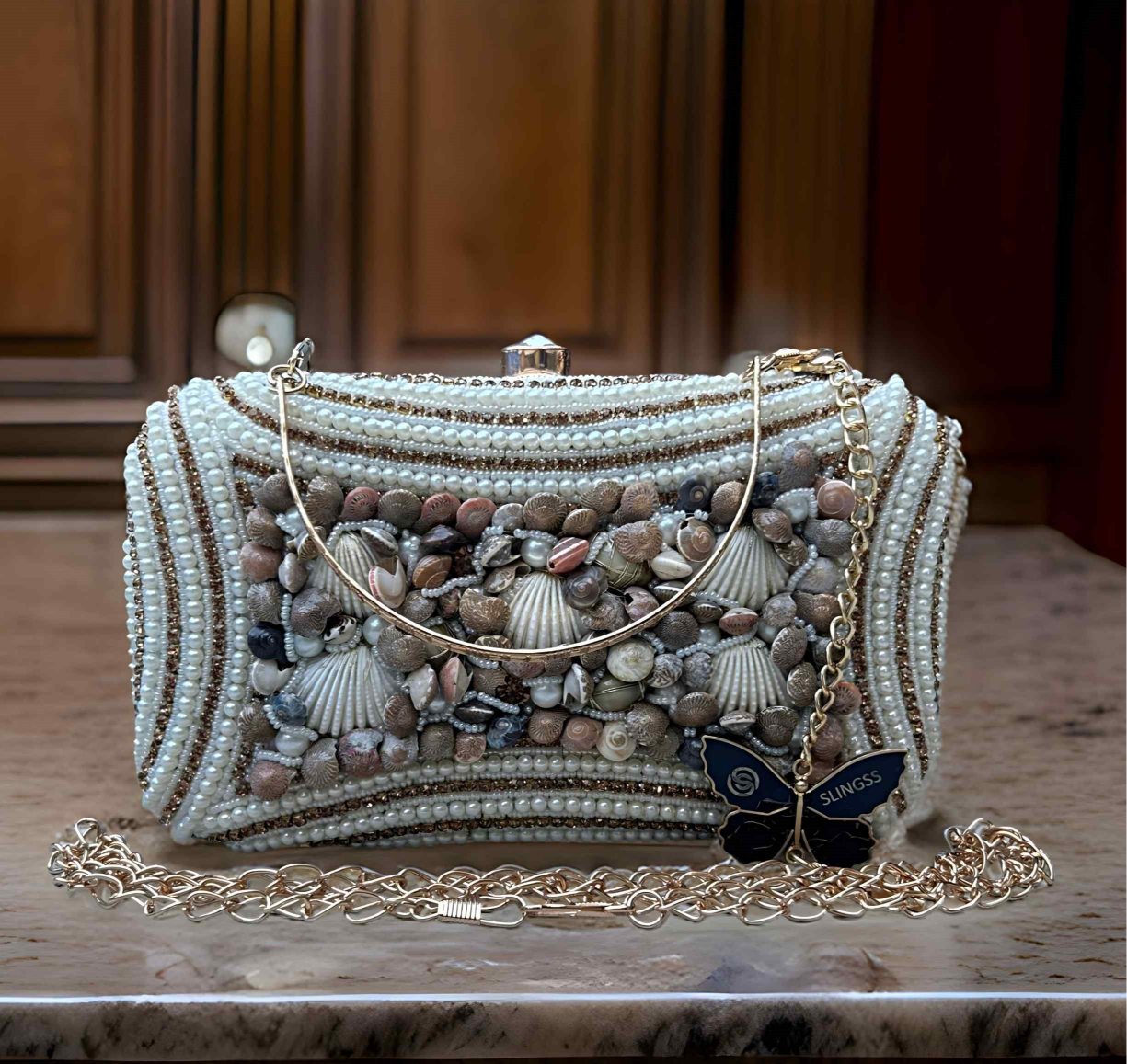 Slingss Exclusive Premium White Beads Seap Embroidered Partywear Clutch For Ladies With Handle & Long Chain