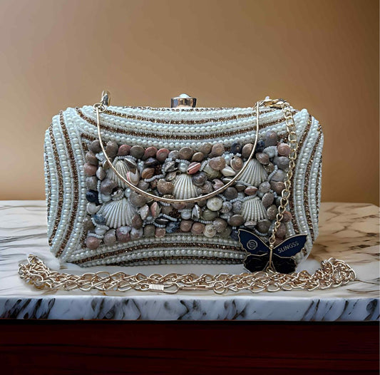 Slingss Exclusive Premium White Beads Seap Embroidered Partywear Clutch For Ladies With Handle & Long Chain