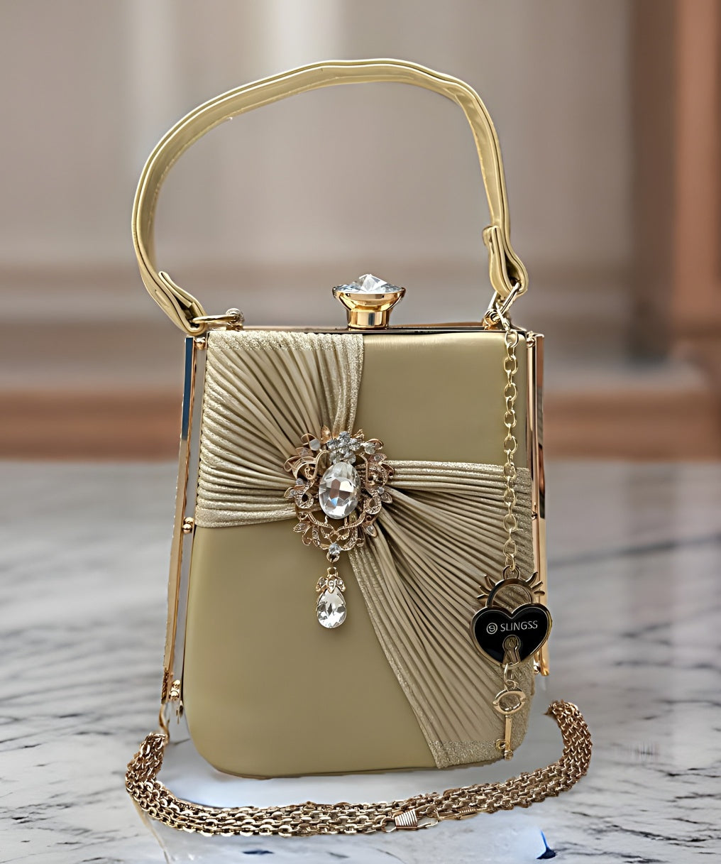 Slingss Exclusive Premium Golden Partywear Sparkling Tequila Bottle Shaped Clutch For Ladies With Golden Handle & Long Chain