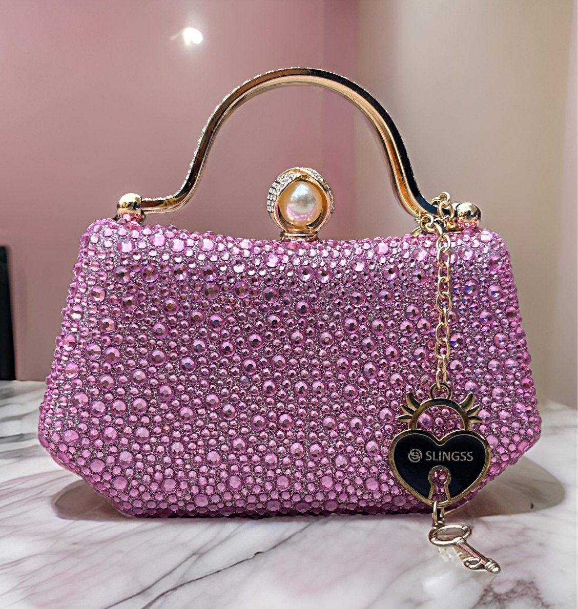 Slingss Exclusive Premium Pink Partywear Clutch For Ladies With Water Droplets Design, Handle & Long Chain