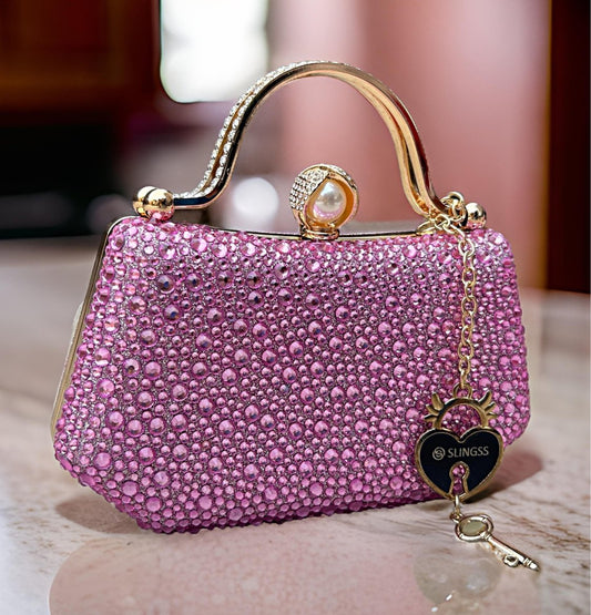 Slingss Exclusive Premium Pink Partywear Clutch For Ladies With Water Droplets Design, Handle & Long Chain