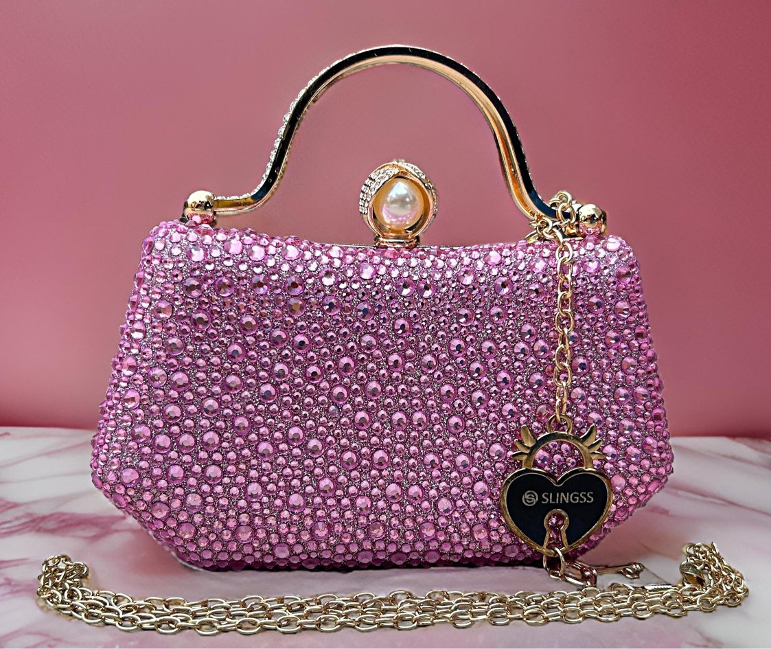 Slingss Exclusive Premium Pink Partywear Clutch For Ladies With Water Droplets Design, Handle & Long Chain