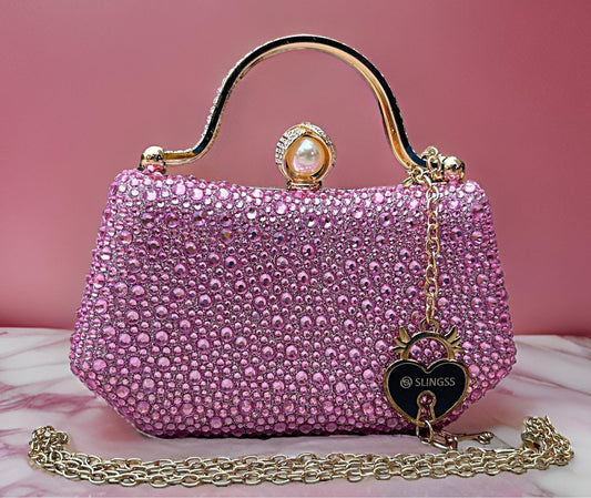 Slingss Exclusive Premium Pink Partywear Clutch For Ladies With Water Droplets Design, Handle & Long Chain