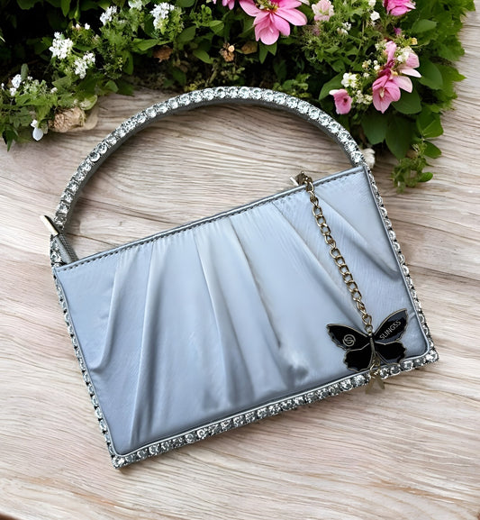 Slingss Exclusive Premium Boxy Shape Partywear Metal Handle Diamond Embroidered Handbag For Ladies