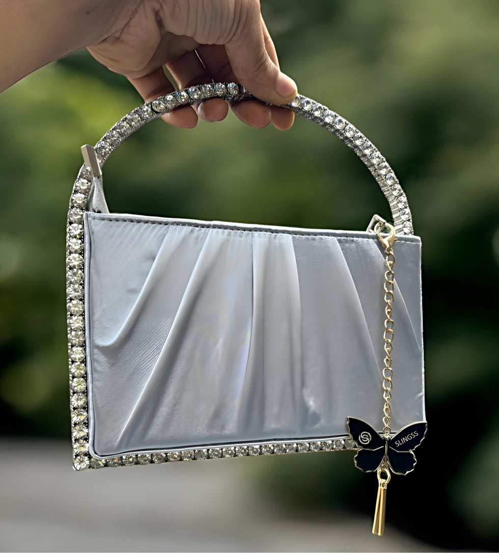 Slingss Exclusive Premium Boxy Shape Partywear Metal Handle Diamond Embroidered Handbag For Ladies