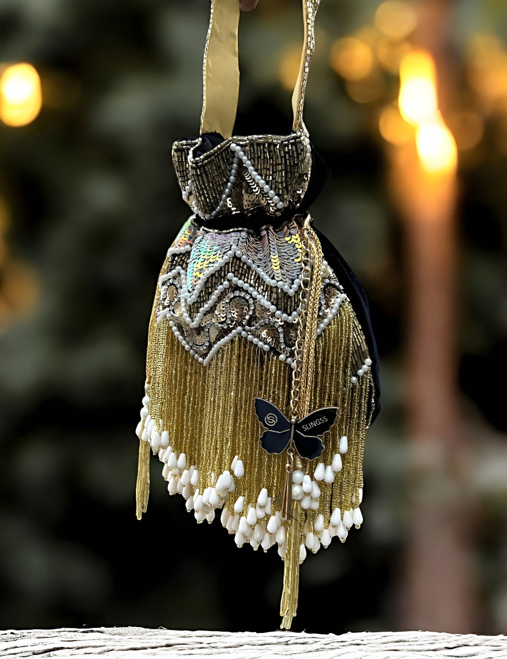 Slingss Exclusive Premium Jhallar Embroidered Partywear Potli For Ladies With Handle