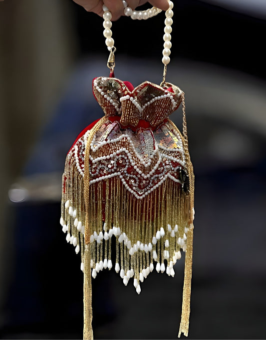 Slingss Exclusive Premium Jhallar Embroidered Partywear Potli For Ladies With Handle