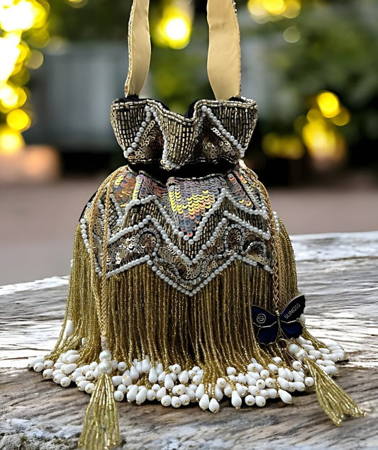 Slingss Exclusive Premium Jhallar Embroidered Partywear Potli For Ladies With Handle