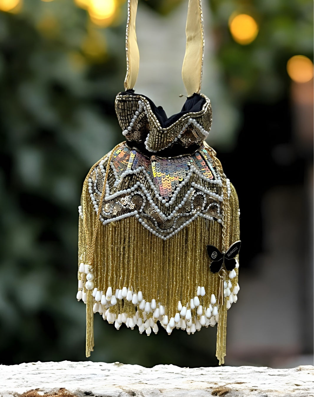 Slingss Exclusive Premium Jhallar Embroidered Partywear Potli For Ladies With Handle