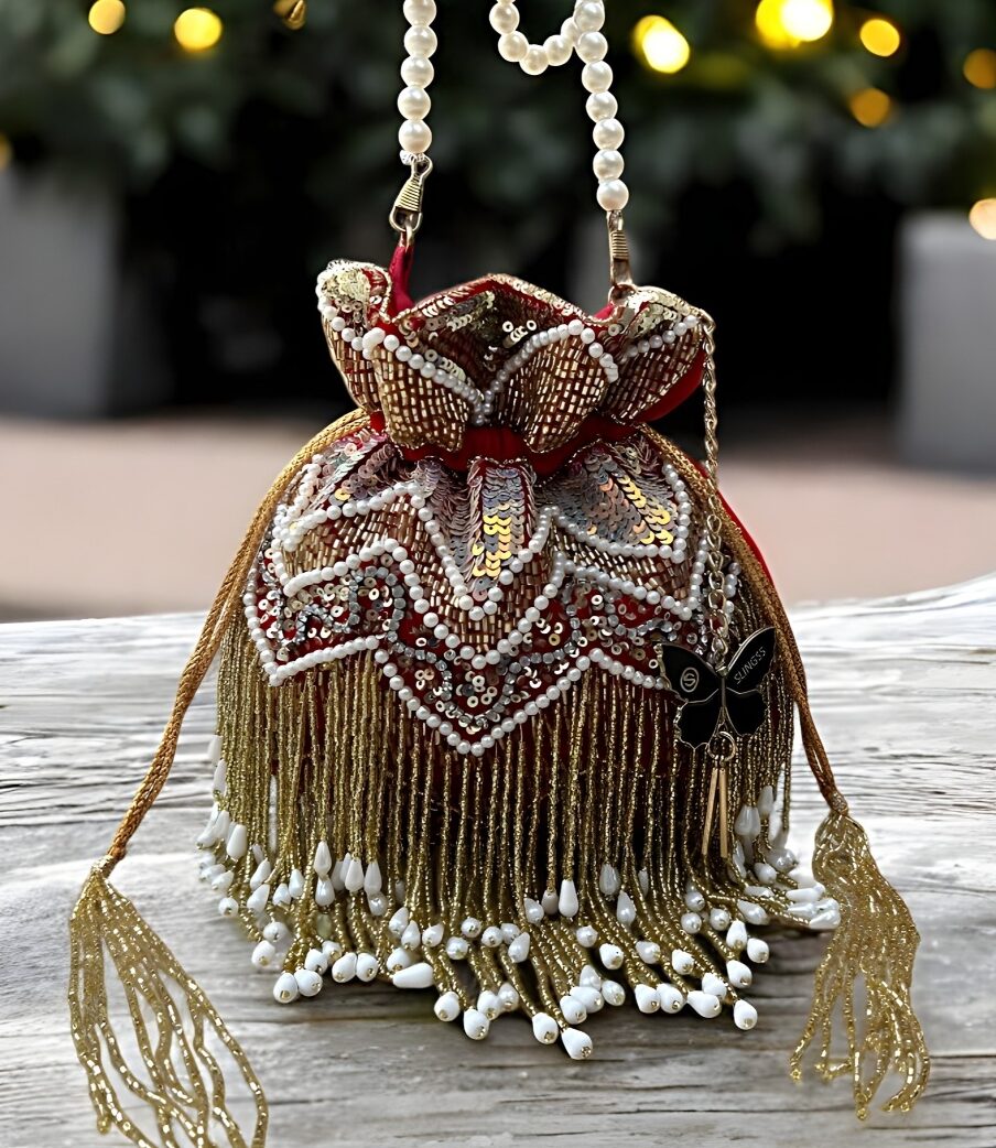 Slingss Exclusive Premium Jhallar Embroidered Partywear Potli For Ladies With Handle