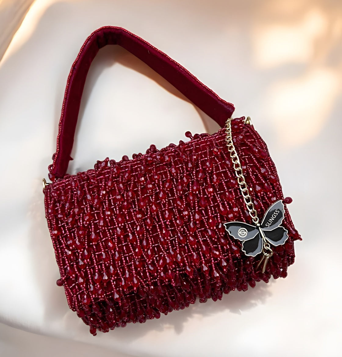 Slingss Luxury Range Crystal Full Jhallar Embroidered Partywear Purse For Ladies With Handle