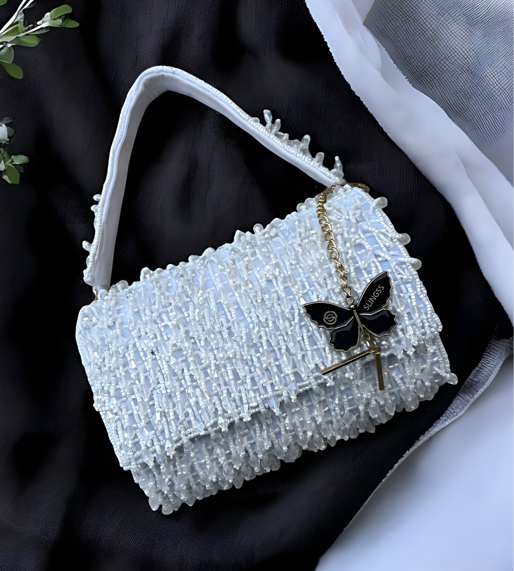Slingss Luxury Range Crystal Full Jhallar Embroidered Partywear Purse For Ladies With Handle