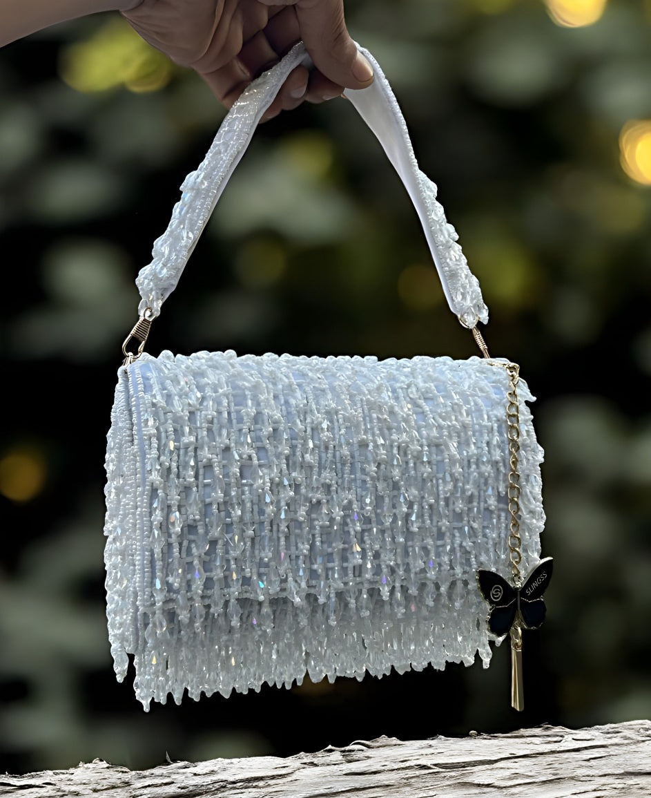 Slingss Luxury Range Crystal Full Jhallar Embroidered Partywear Purse For Ladies With Handle