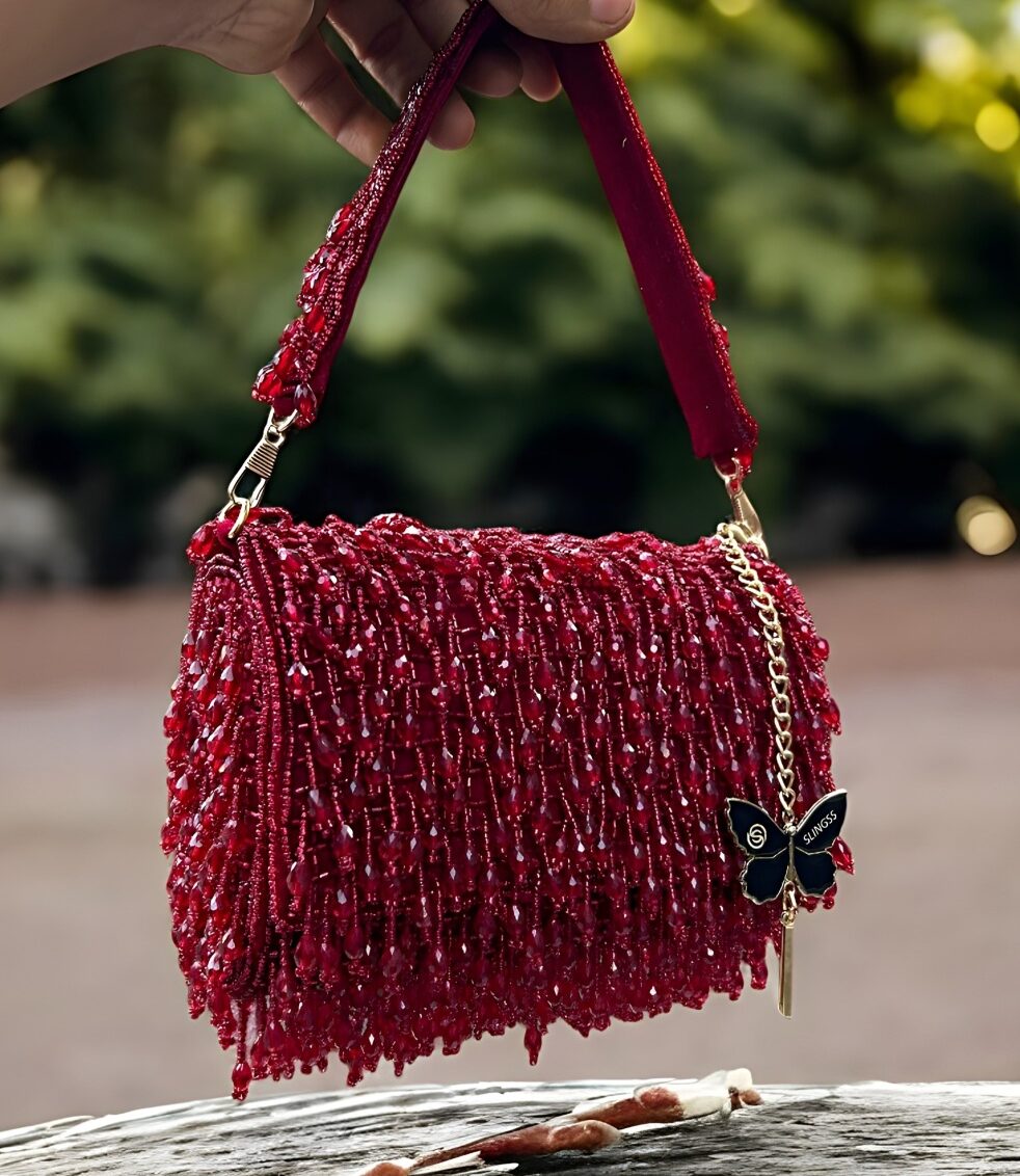 Slingss Luxury Range Crystal Full Jhallar Embroidered Partywear Purse For Ladies With Handle