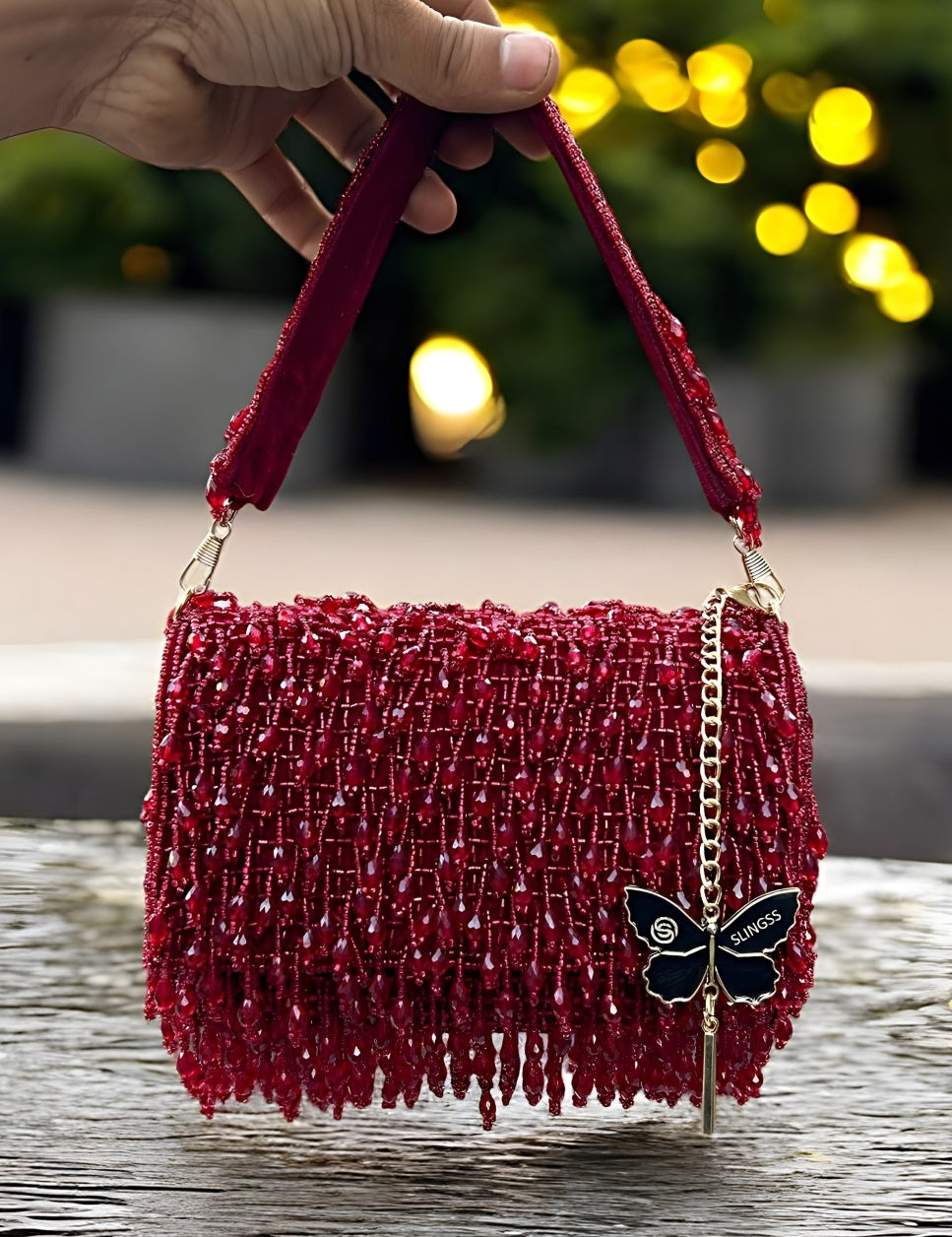 Slingss Luxury Range Crystal Full Jhallar Embroidered Partywear Purse For Ladies With Handle