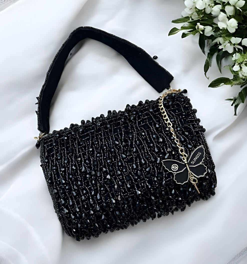 Slingss Luxury Range Crystal Full Jhallar Embroidered Partywear Purse For Ladies With Handle