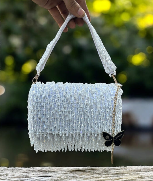 Slingss Luxury Range Crystal Full Jhallar Embroidered Partywear Purse For Ladies With Handle