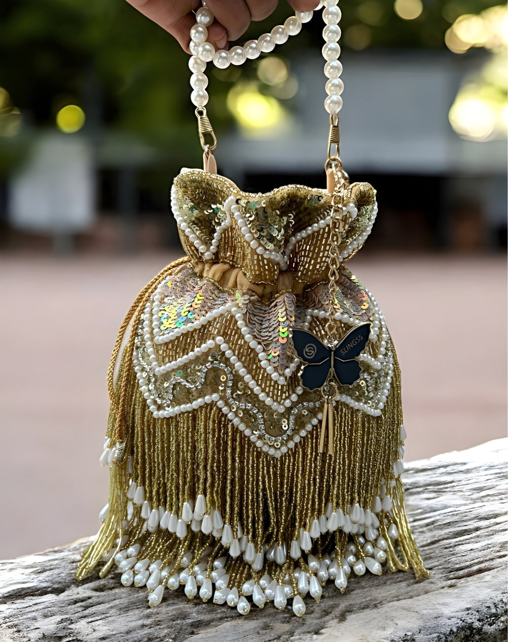 Slingss Exclusive Premium Jhallar Embroidered Partywear Potli For Ladies With Handle