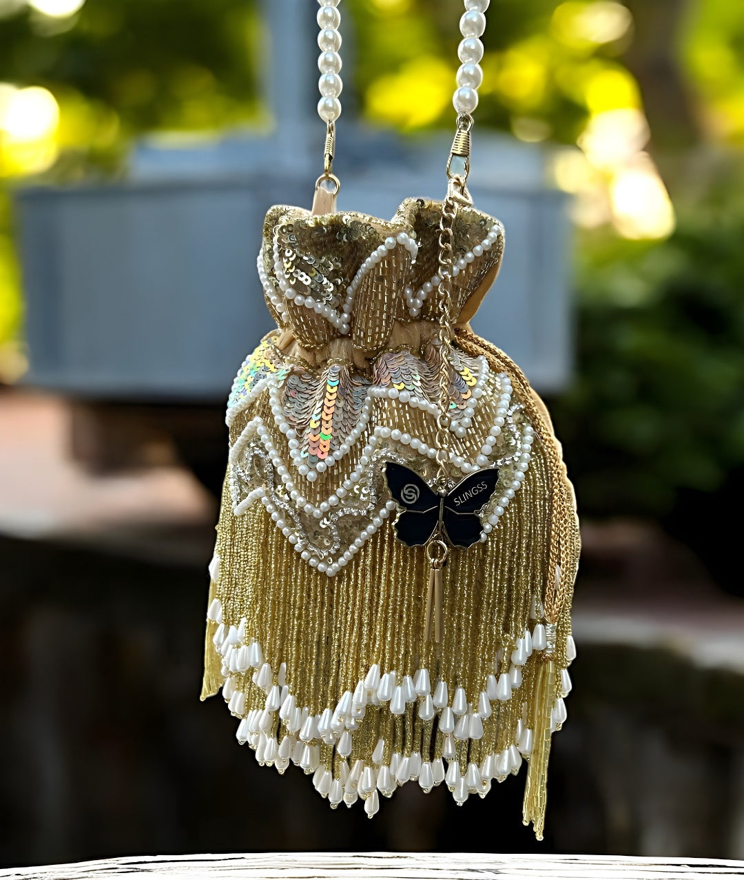 Slingss Exclusive Premium Jhallar Embroidered Partywear Potli For Ladies With Handle