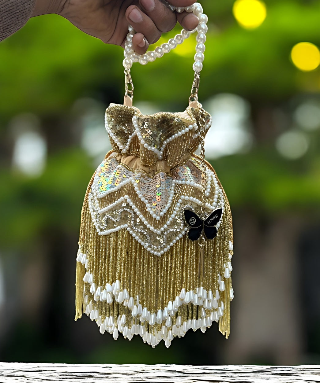 Slingss Exclusive Premium Jhallar Embroidered Partywear Potli For Ladies With Handle