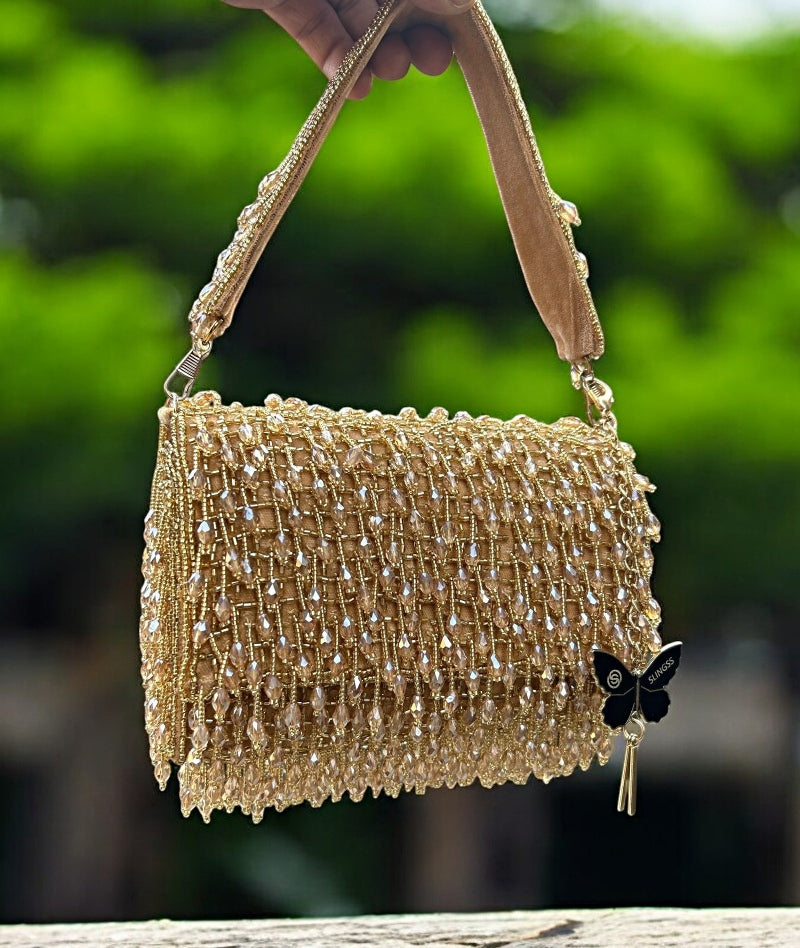 Slingss Luxury Range Crystal Full Jhallar Embroidered Partywear Purse For Ladies With Handle