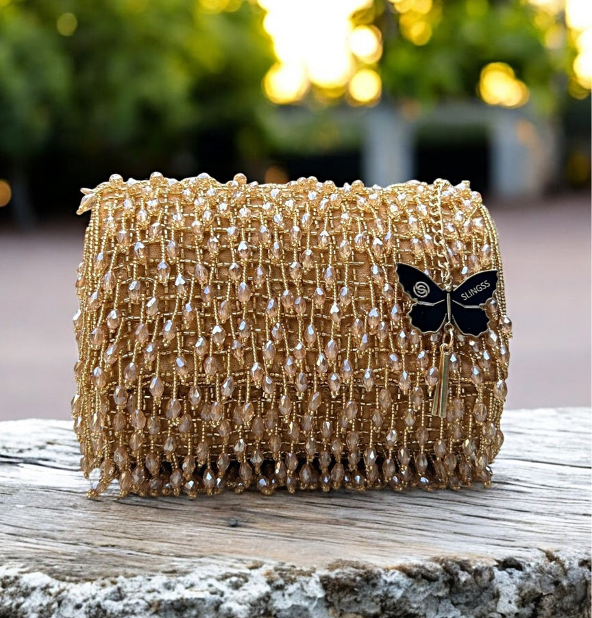 Slingss Luxury Range Crystal Full Jhallar Embroidered Partywear Purse For Ladies With Handle