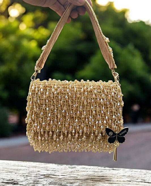 Slingss Luxury Range Crystal Full Jhallar Embroidered Partywear Purse For Ladies With Handle