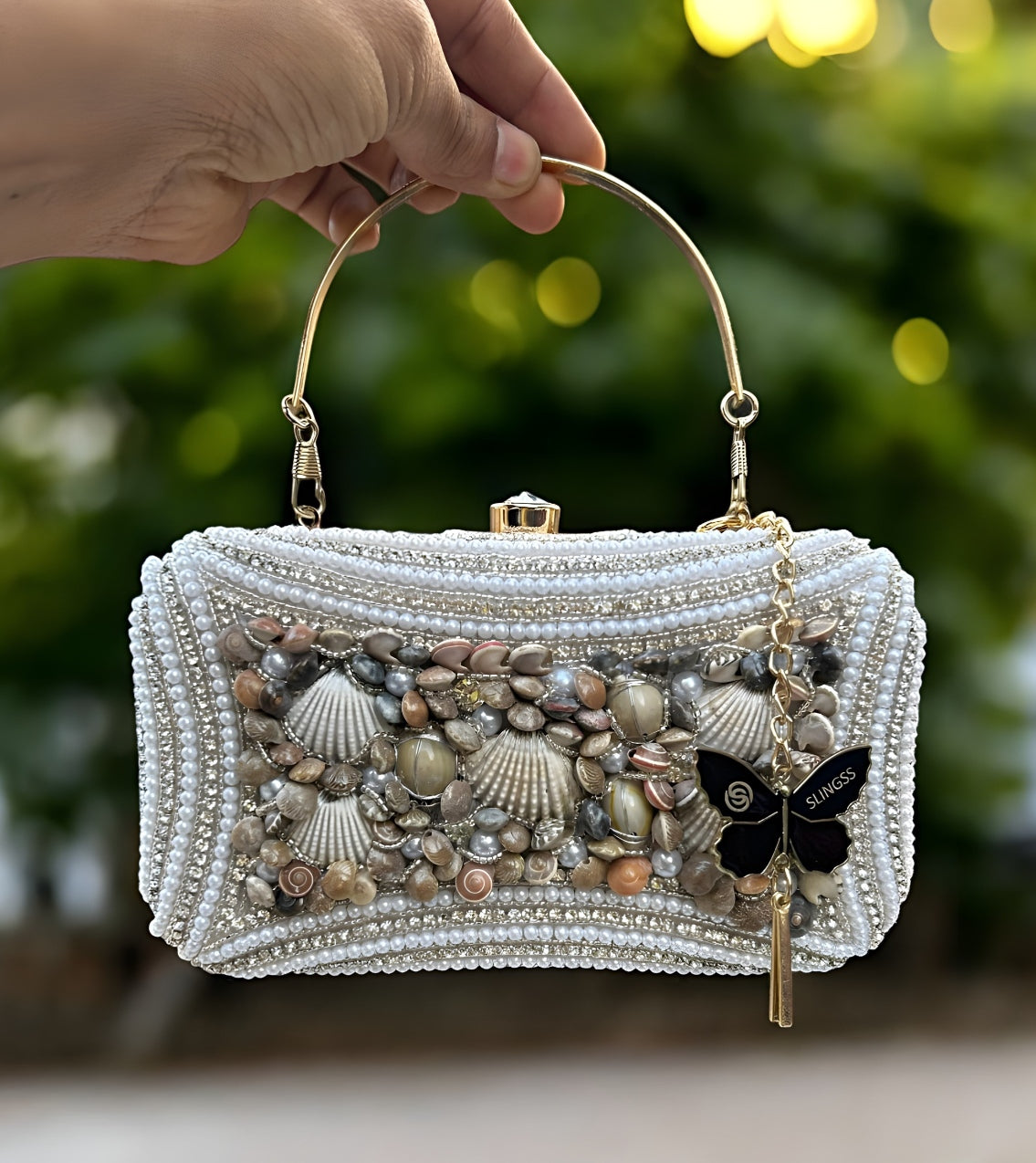 Slingss Exclusive Premium White Beads Seap Embroidered Partywear Clutch For Ladies With Handle & Long Chain