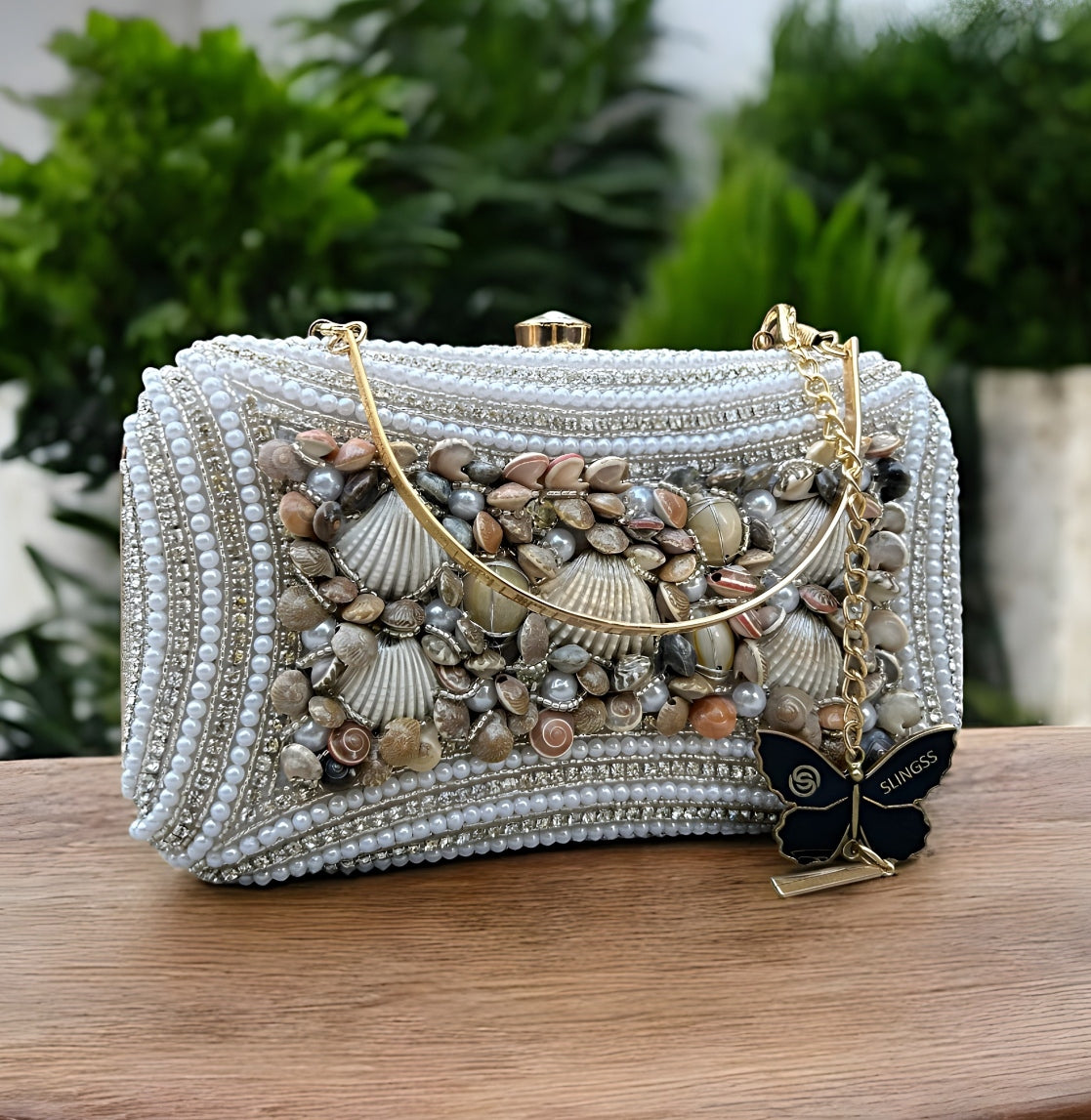 Slingss Exclusive Premium White Beads Seap Embroidered Partywear Clutch For Ladies With Handle & Long Chain