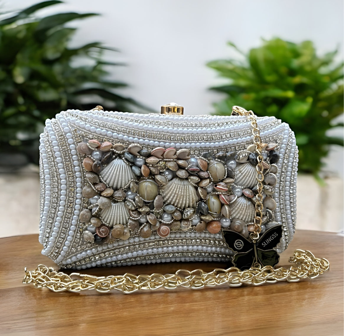 Slingss Exclusive Premium White Beads Seap Embroidered Partywear Clutch For Ladies With Handle & Long Chain