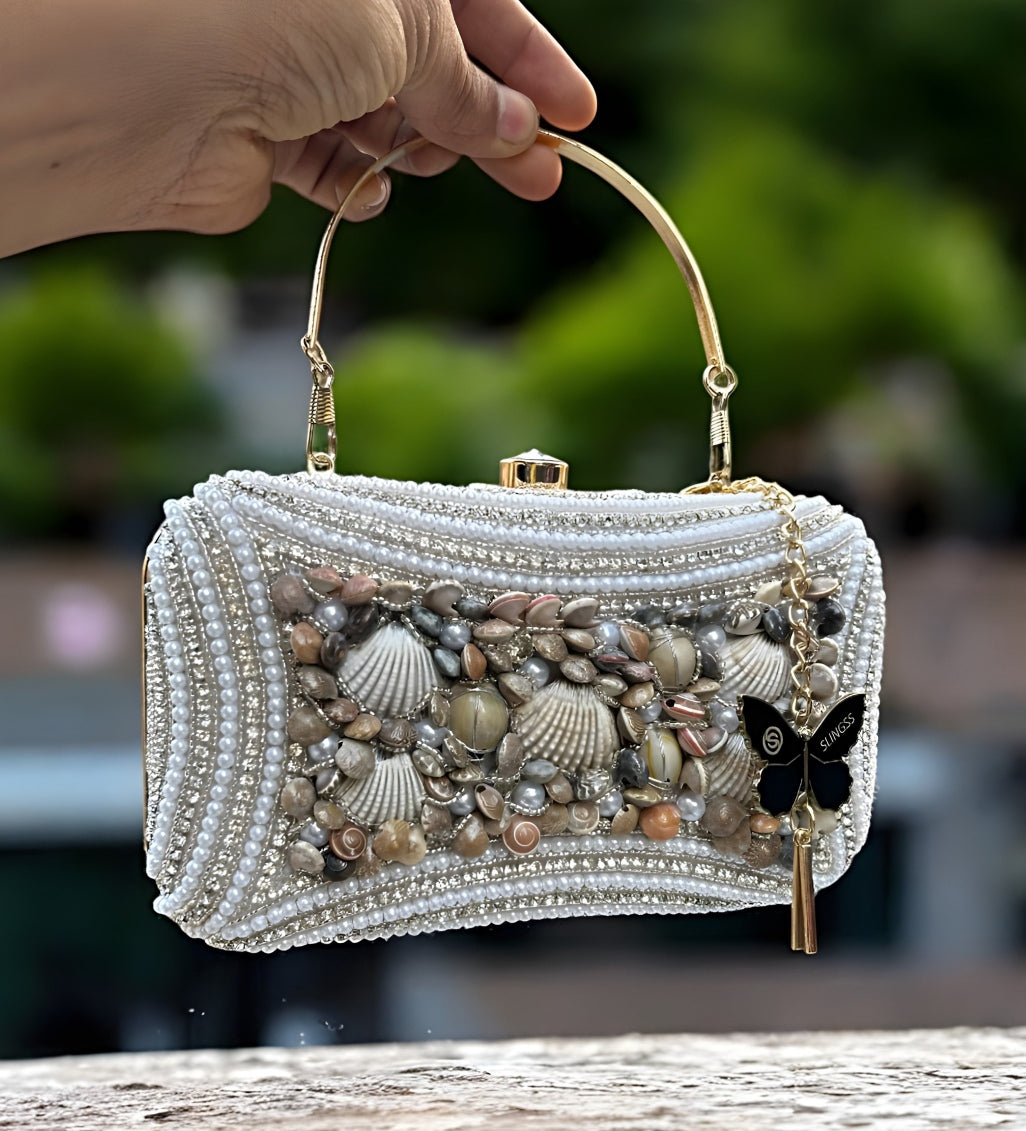 Slingss Exclusive Premium White Beads Seap Embroidered Partywear Clutch For Ladies With Handle & Long Chain