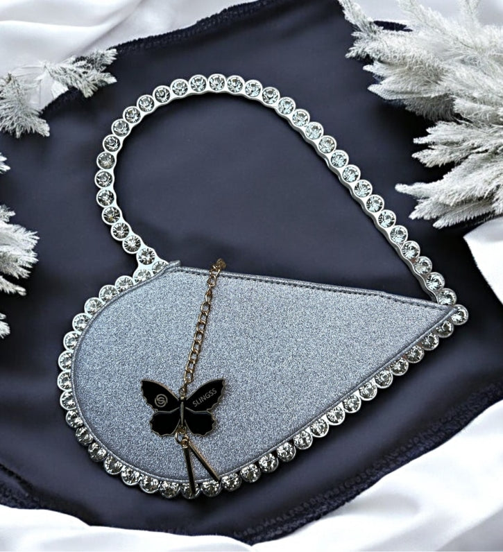 Slingss Exclusive Premium Sparkle Heart Shape Partywear Diamond Embroidered Handbag For Ladies