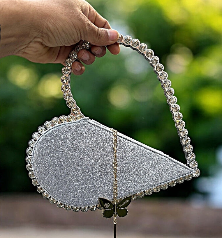Slingss Exclusive Premium Sparkle Heart Shape Partywear Diamond Embroidered Handbag For Ladies