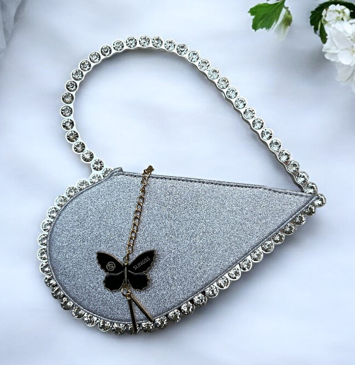 Slingss Exclusive Premium Sparkle Heart Shape Partywear Diamond Embroidered Handbag For Ladies