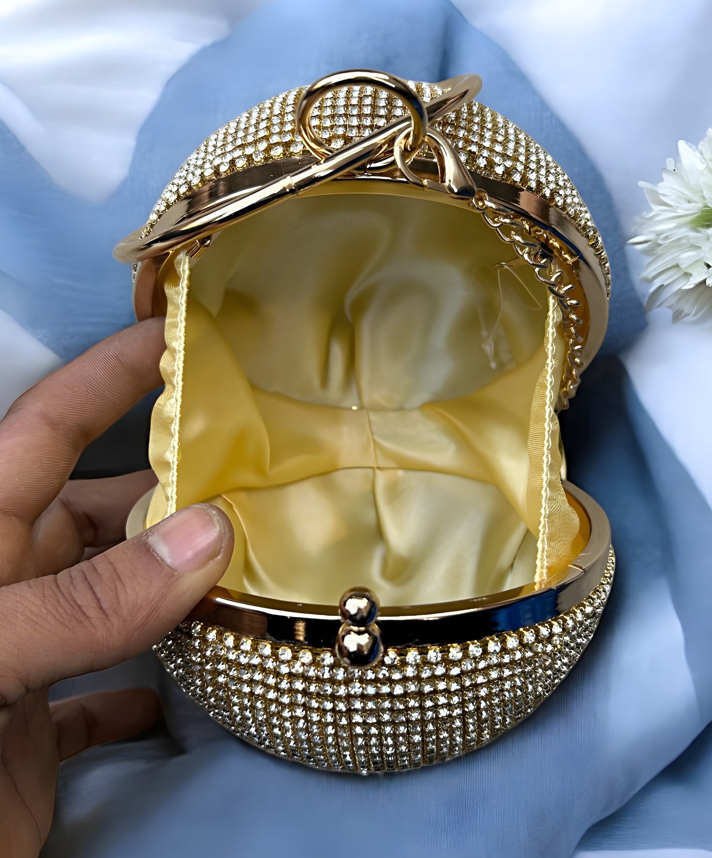 Slingss Exclusive Premium Ball Shaped Partywear Embroidered Clutch For Ladies With Golden Handle & Long Chain
