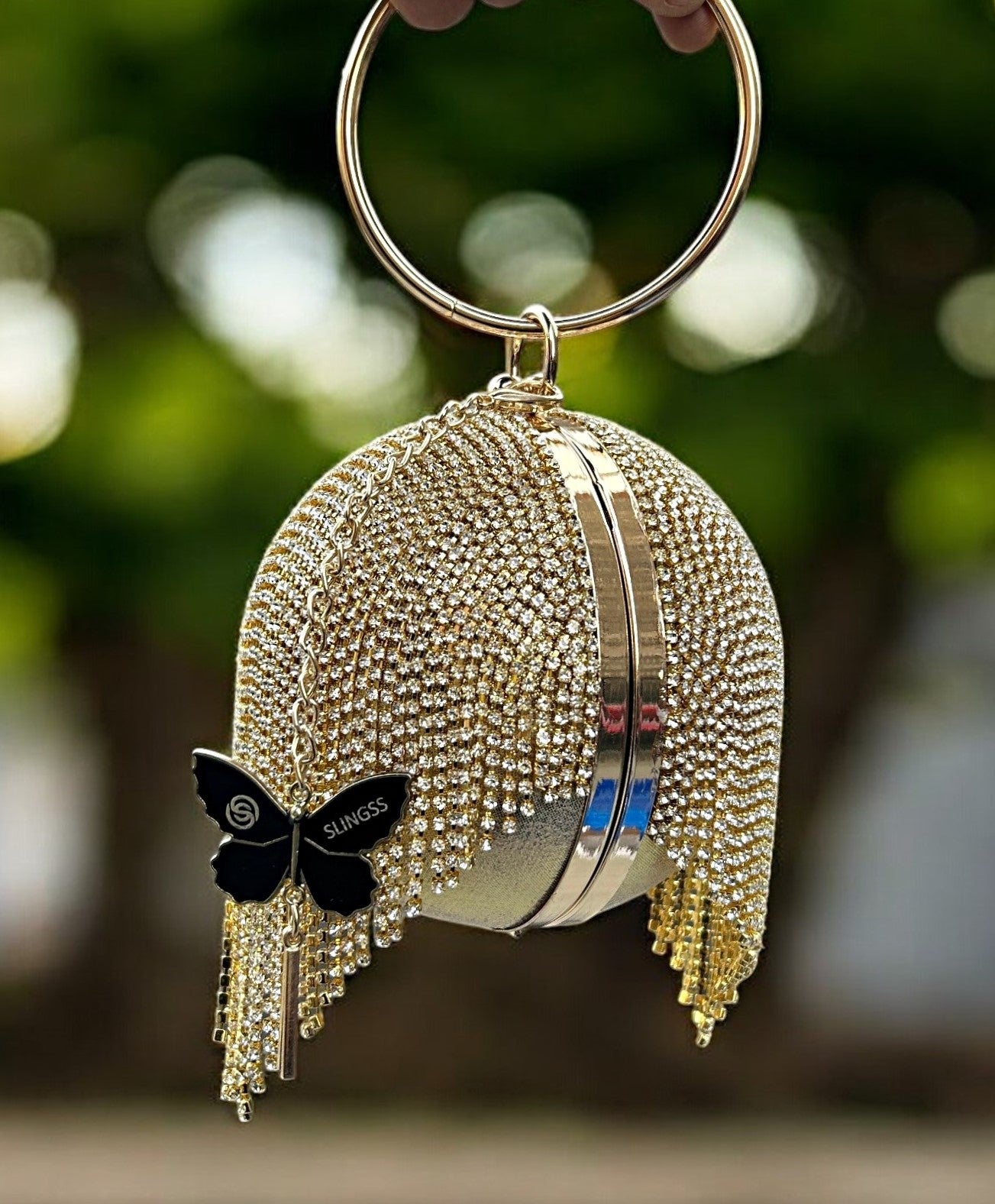 Slingss Exclusive Premium Ball Shaped Partywear Embroidered Clutch For Ladies With Golden Handle & Long Chain