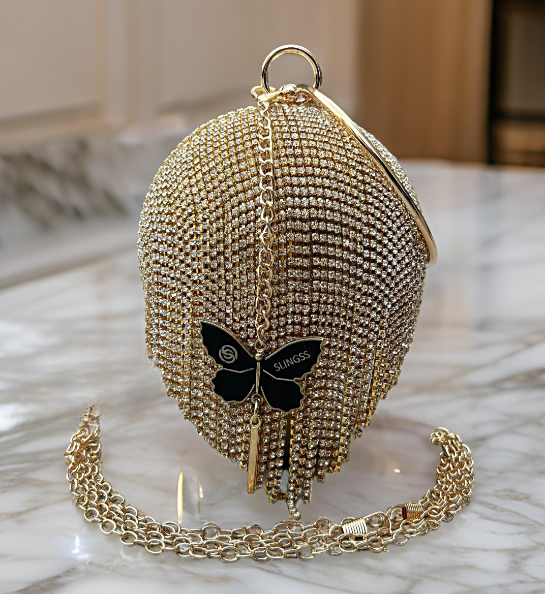 Slingss Exclusive Premium Ball Shaped Partywear Embroidered Clutch For Ladies With Golden Handle & Long Chain