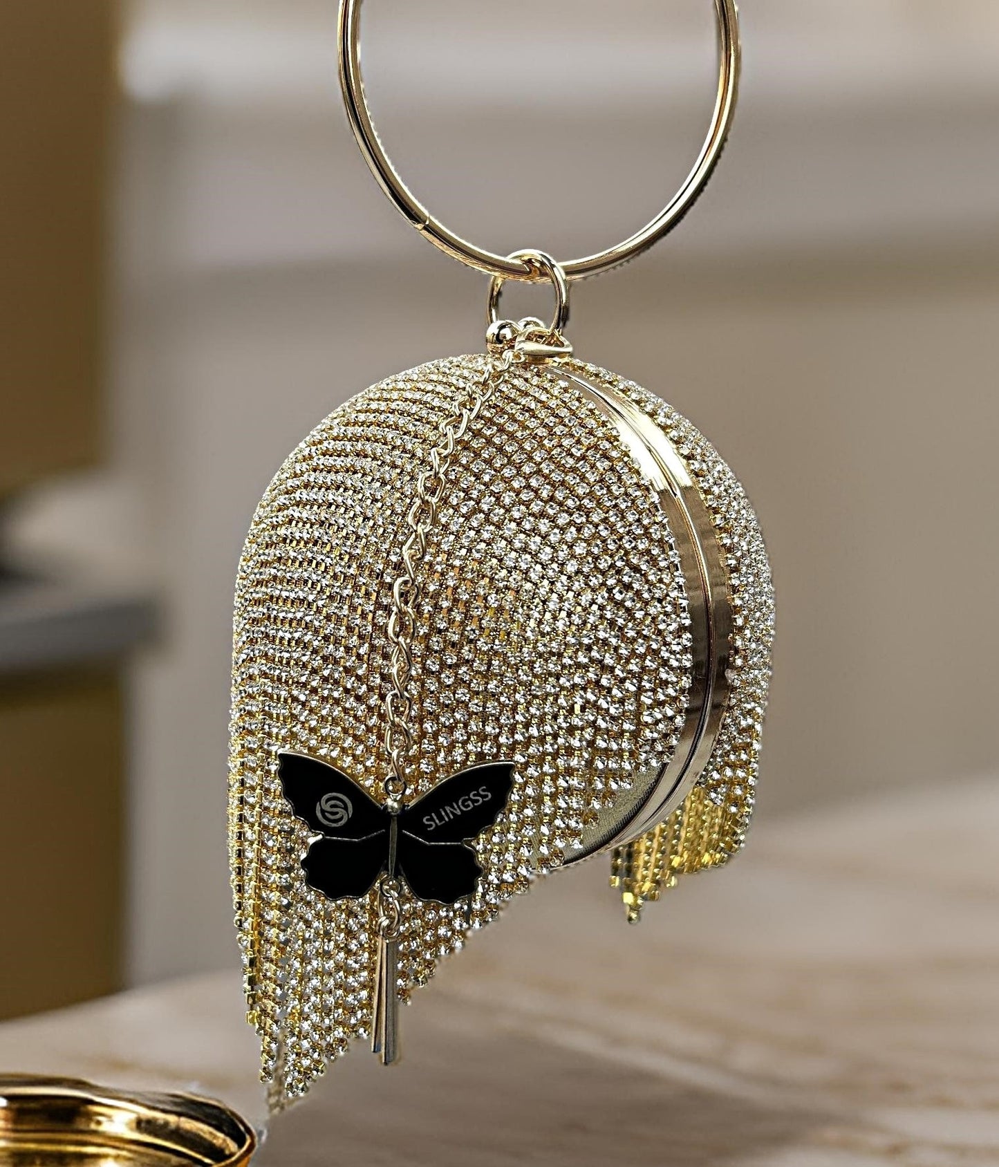 Slingss Exclusive Premium Ball Shaped Partywear Embroidered Clutch For Ladies With Golden Handle & Long Chain