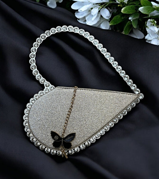 Slingss Exclusive Premium Sparkle Heart Shape Partywear Diamond Embroidered Handbag For Ladies
