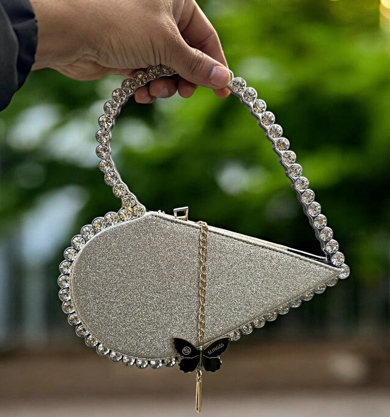 Slingss Exclusive Premium Heart Shape Partywear Diamond Embroidered Handbag For Ladies