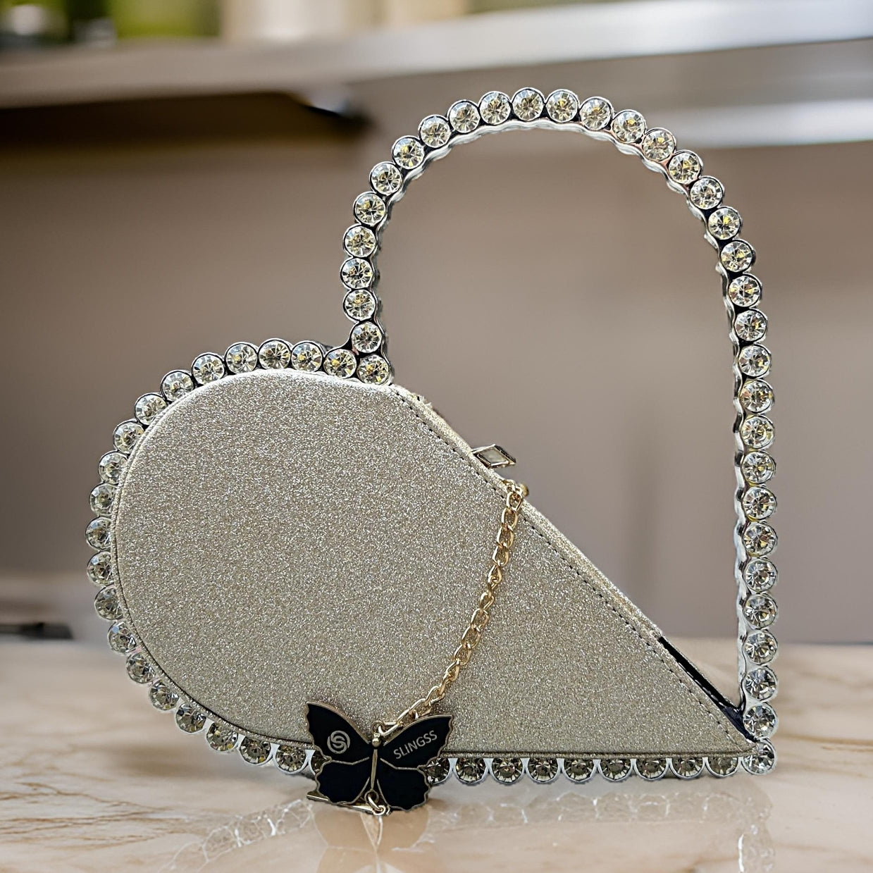 Slingss Exclusive Premium Heart Shape Partywear Diamond Embroidered Handbag For Ladies