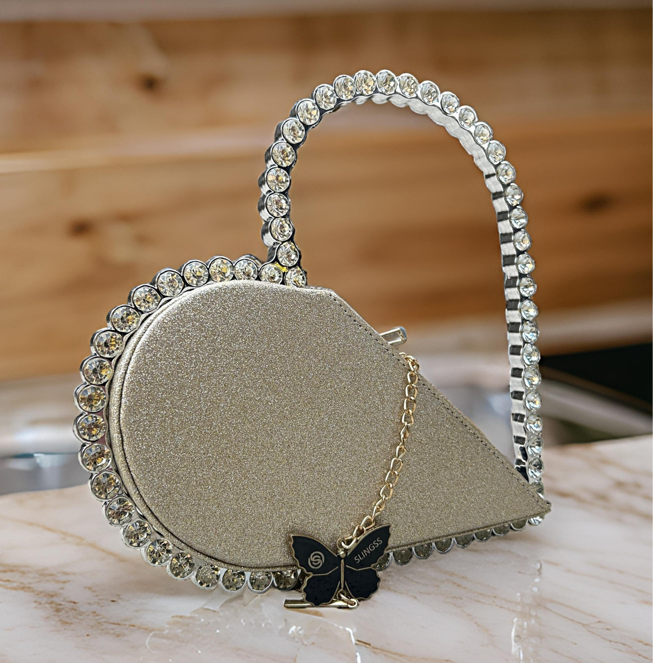 Slingss Exclusive Premium Heart Shape Partywear Diamond Embroidered Handbag For Ladies