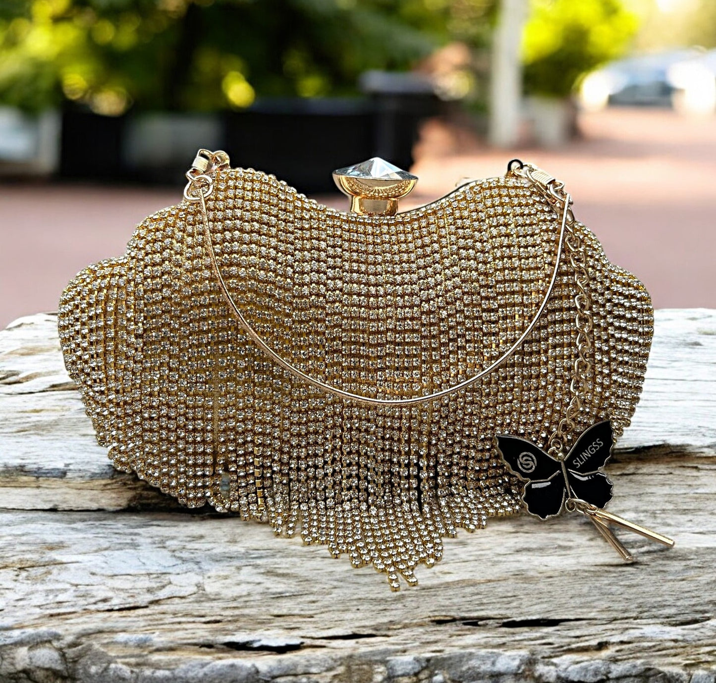 Slingss Exclusive Premium Heart Shape Golden Partywear Embroidered Clutch For Ladies With Handle & Long Chain