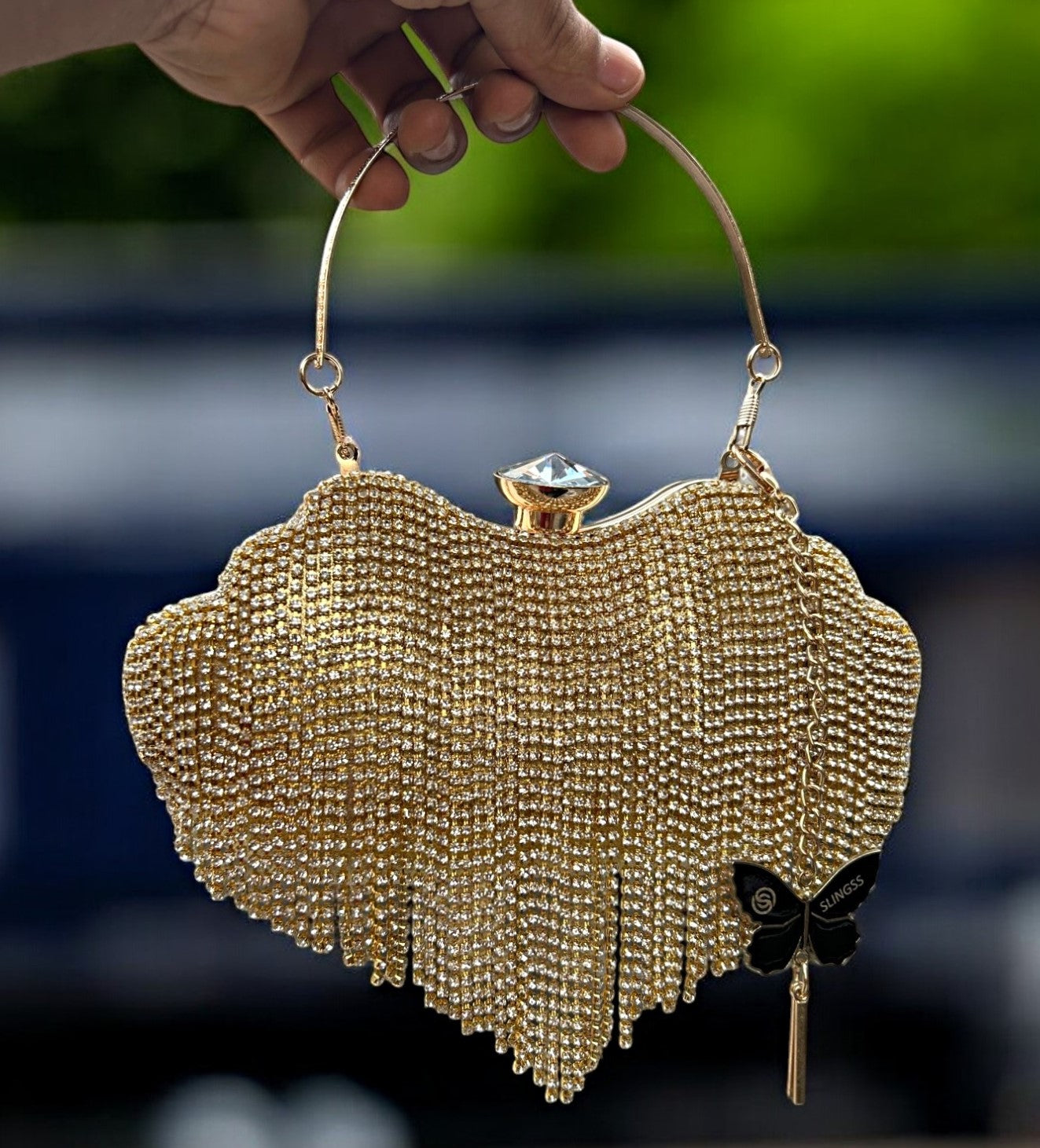 Slingss Exclusive Premium Heart Shape Golden Partywear Embroidered Clutch For Ladies With Handle & Long Chain